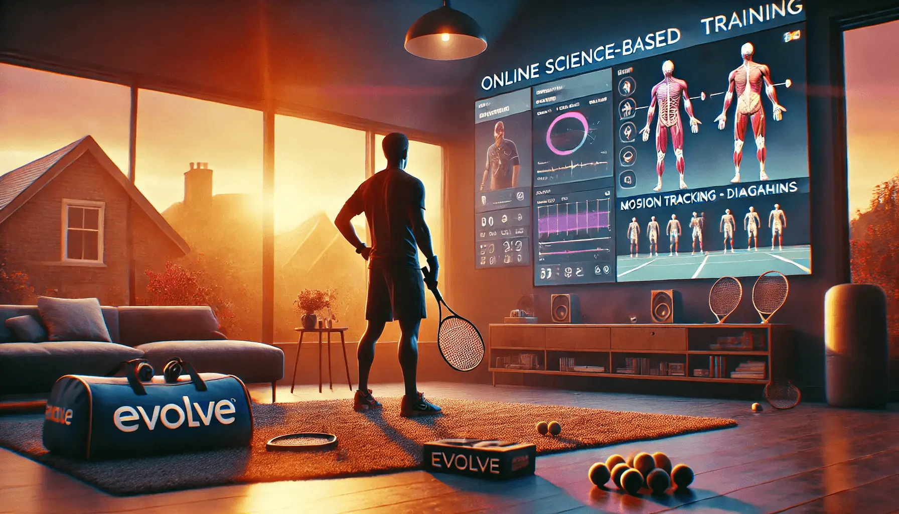 Athlete reviewing performance data and exercises on a screen at home, showcasing the personalized guidance of Evolve's online tennis program for creating a detailed tennis development plan.