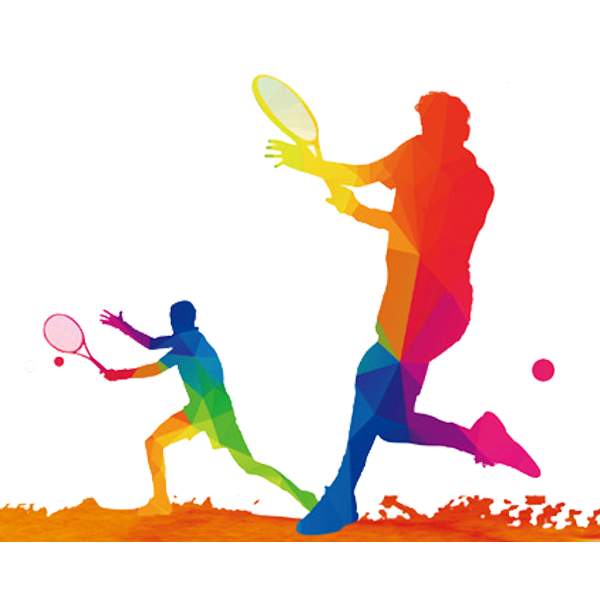 Colorful abstract silhouettes of tennis players in action, inviting users to join Evolve's programs for science based tennis training, junior tennis development, and tennis club development.