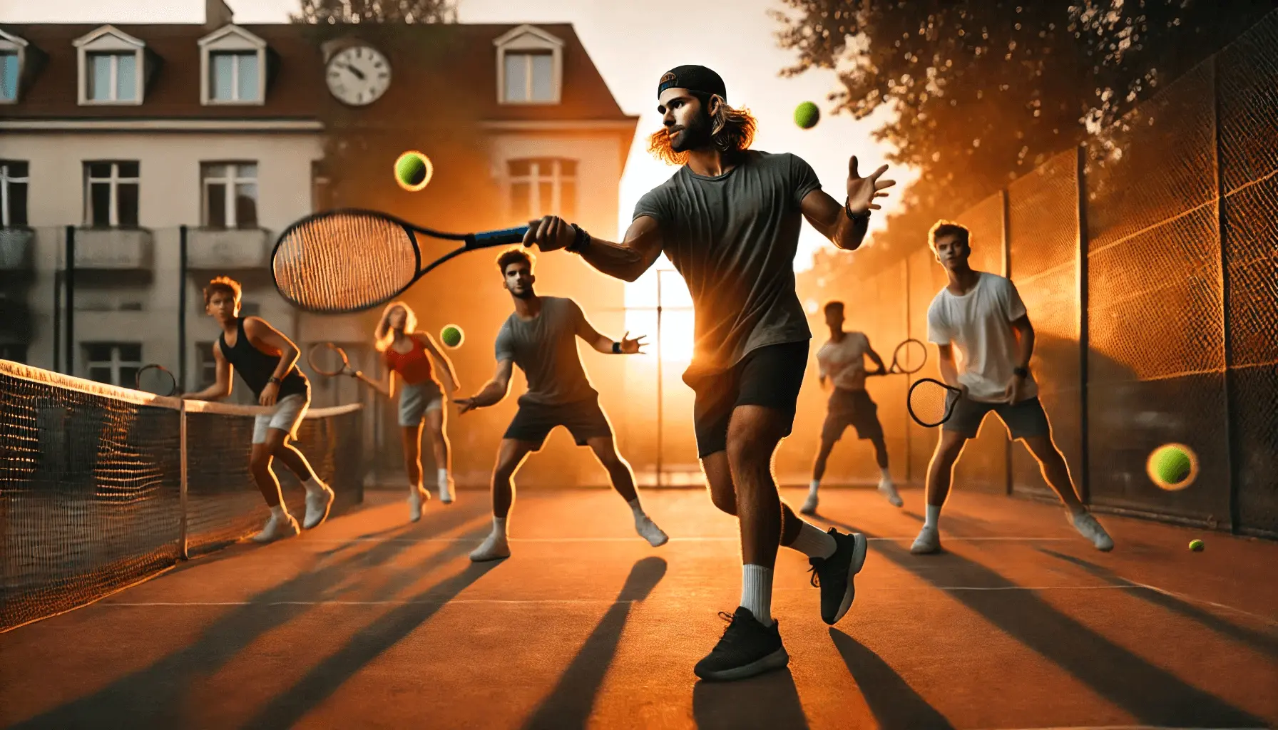 Group of tennis players on an outdoor court with a coach, representing Evolve's on-site science based tennis training programs for comprehensive tennis player development.